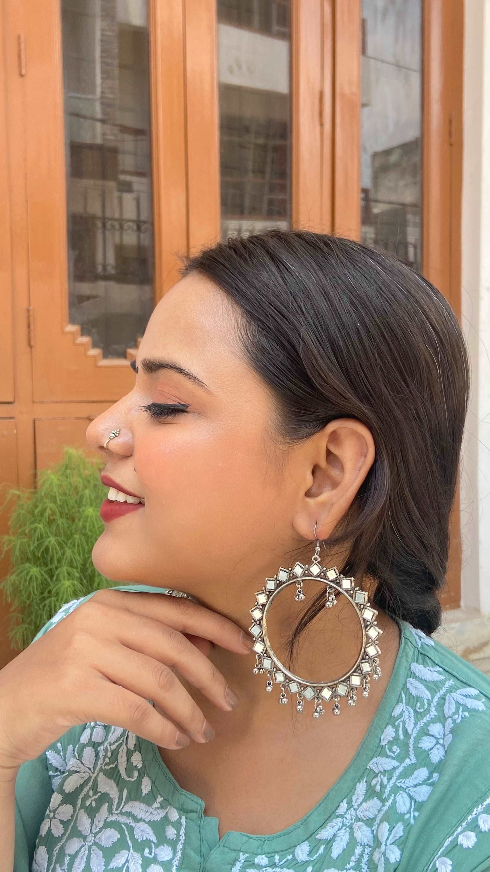 Silver-Colored Round Earrings with Mirror