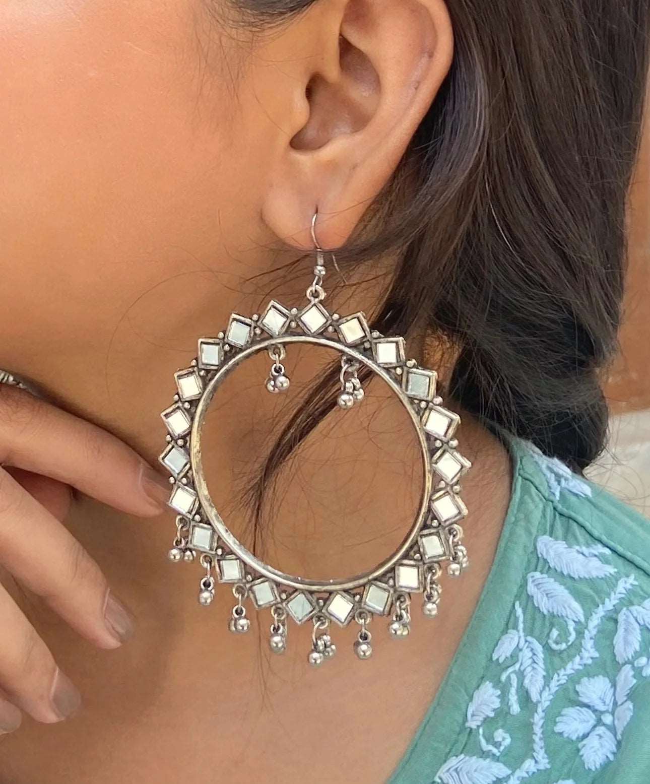 Oxidized Silver Mirror Round Ghungroo Earrings