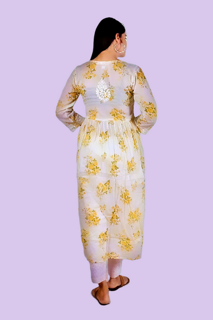 Mulmul Chikankari printed Women's Hand Embroidered long Gown