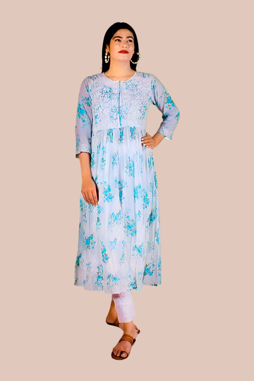 Mulmul Chikankari printed Women's Hand Embroidered long Gown