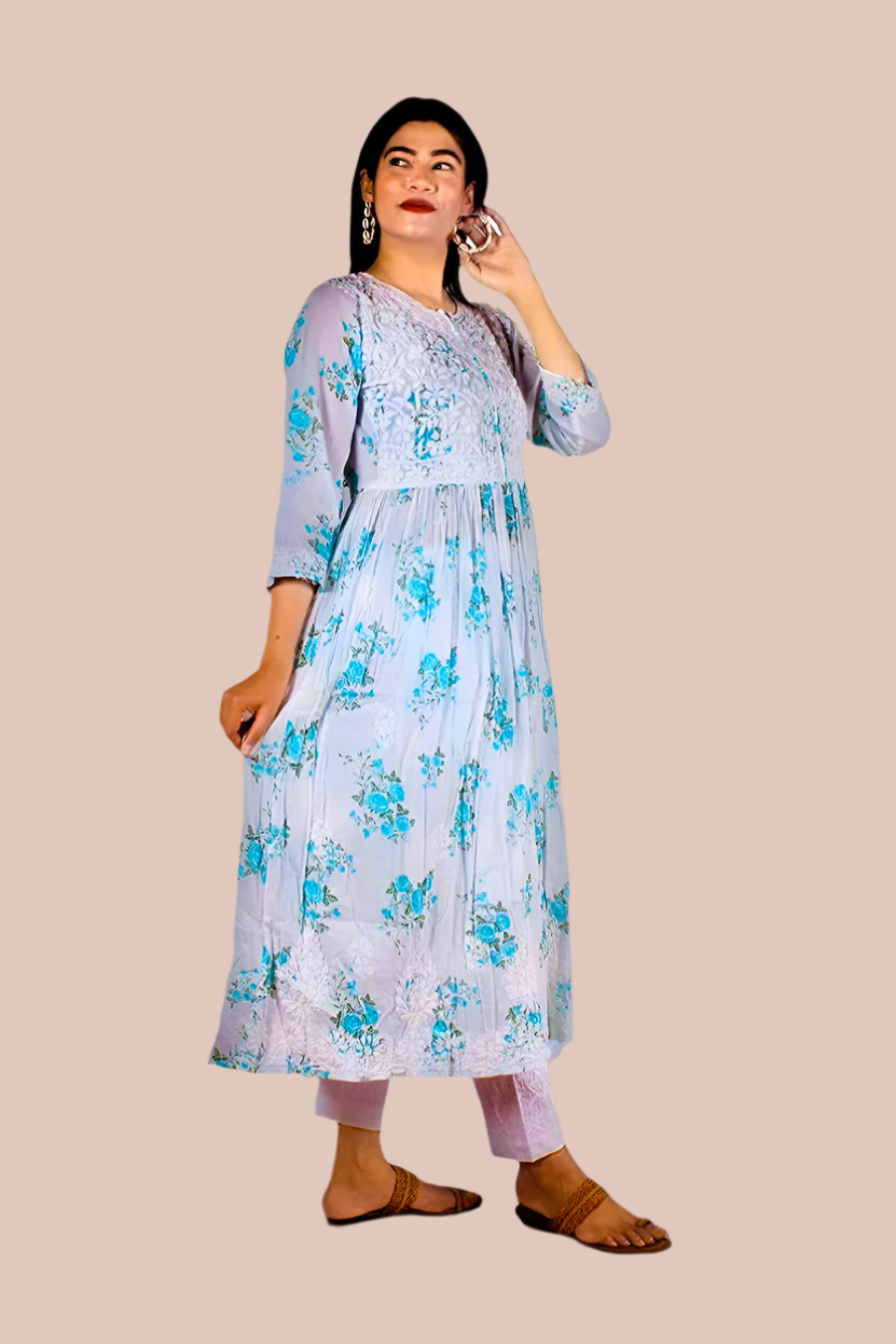 Mulmul Chikankari printed Women's Hand Embroidered long Gown