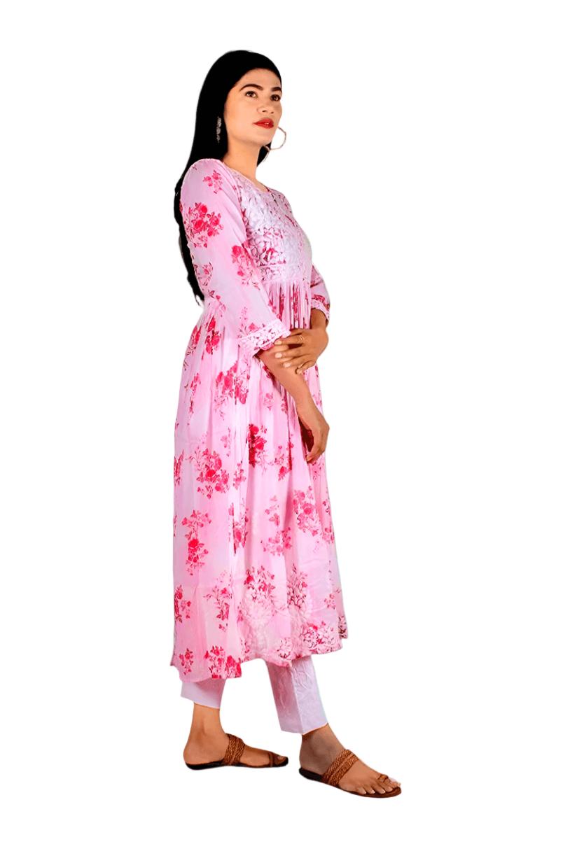 Mulmul Chikankari Printed Long Gown – Hand Embroidered Elegance for Women | Store Chikankari