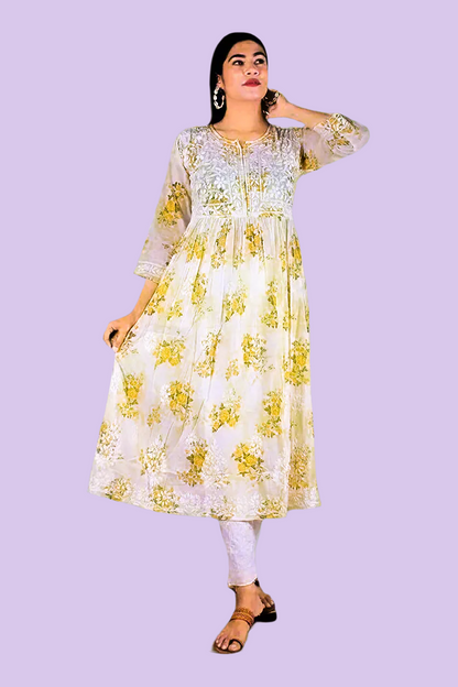 Mulmul Chikankari printed Women's Hand Embroidered long Gown