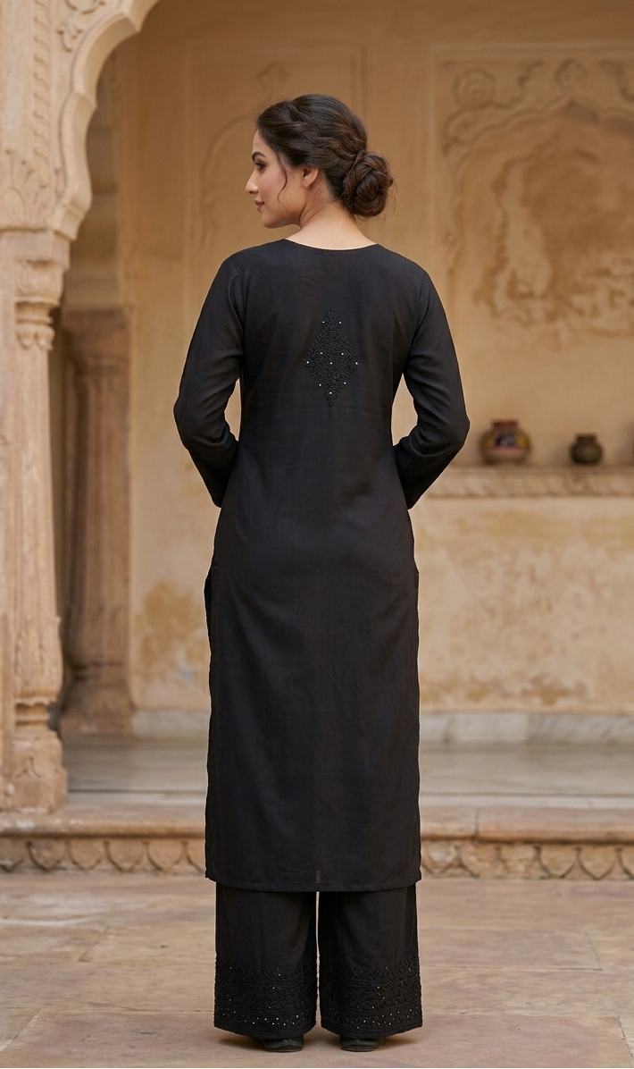 Woman in a black traditional outfit standing in front of an architectural background