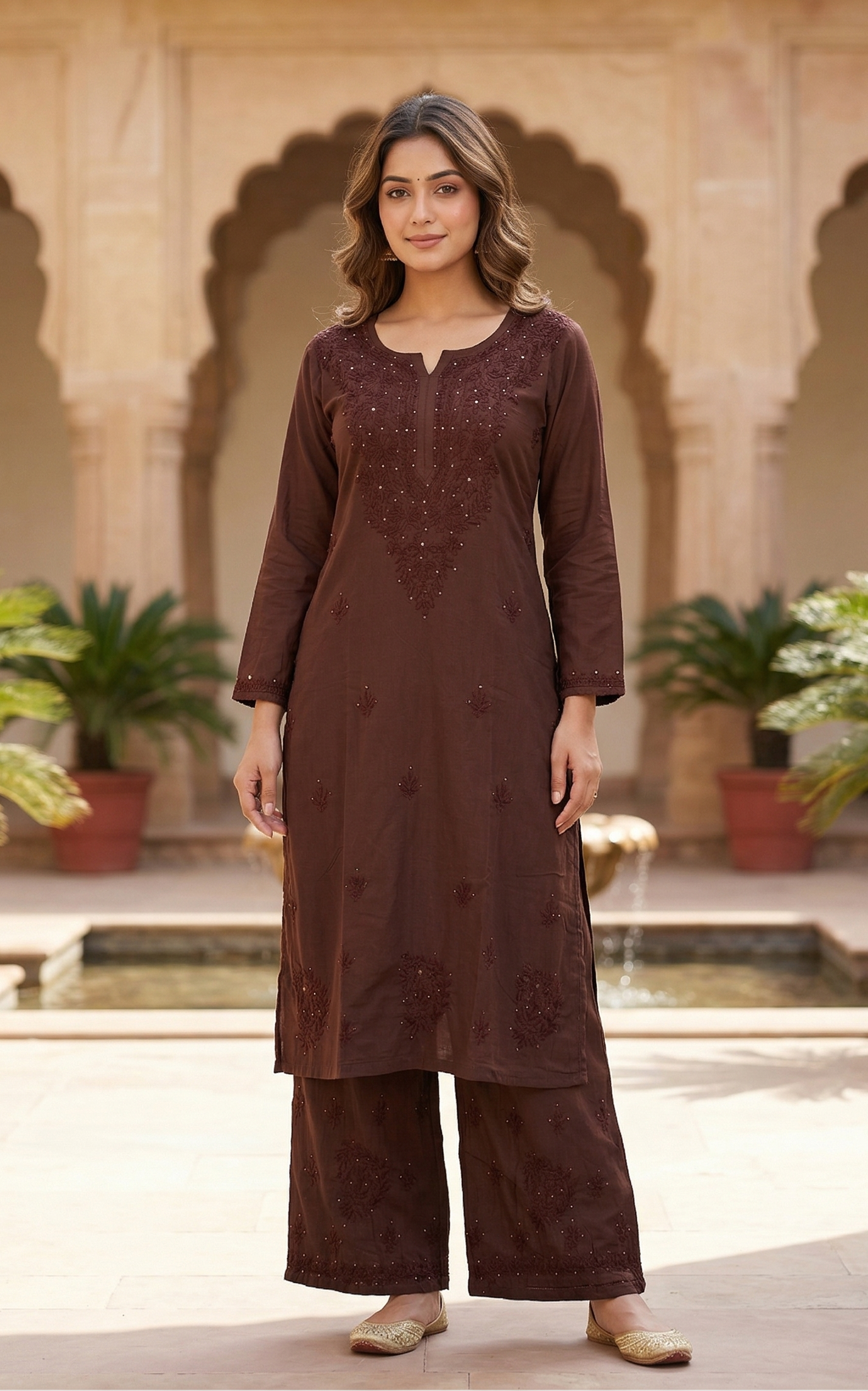 Woman wearing a brown traditional outfit in an outdoor setting with arches and plants.