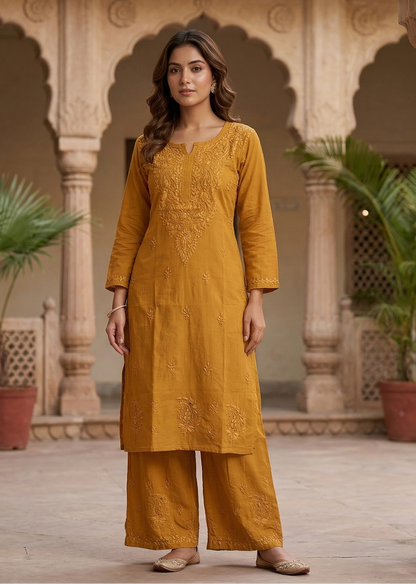 Woman in a mustard yellow traditional outfit standing in an architectural setting with columns and plants.