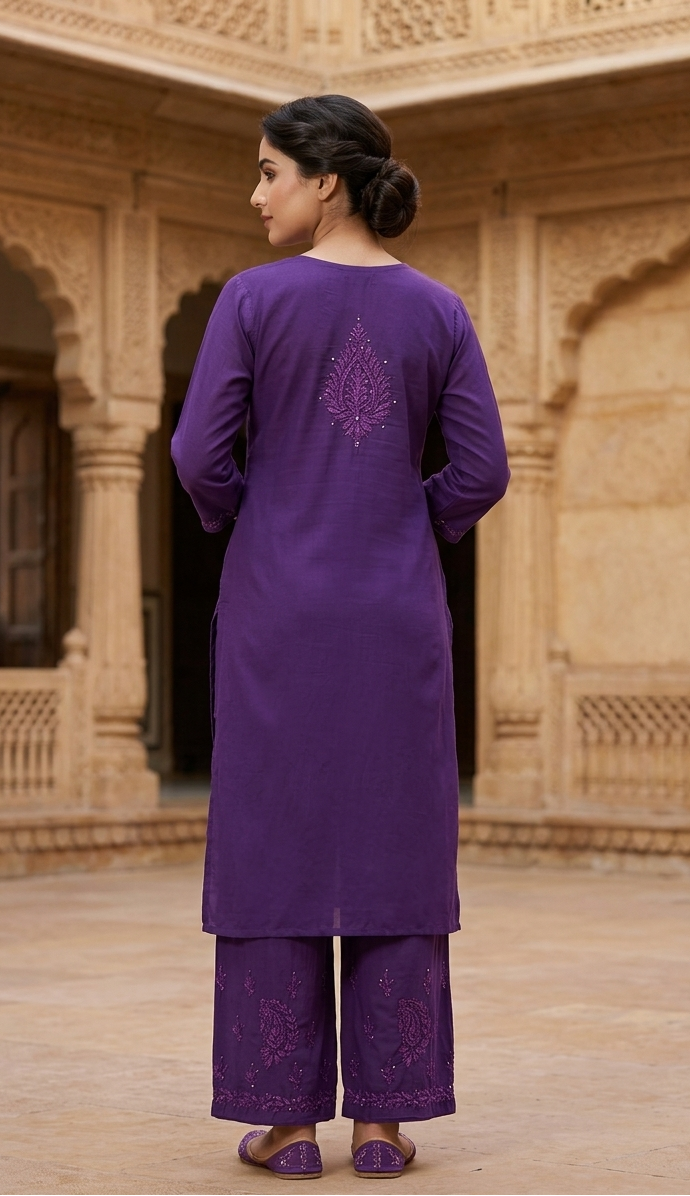 Woman wearing a purple traditional outfit in an architectural setting