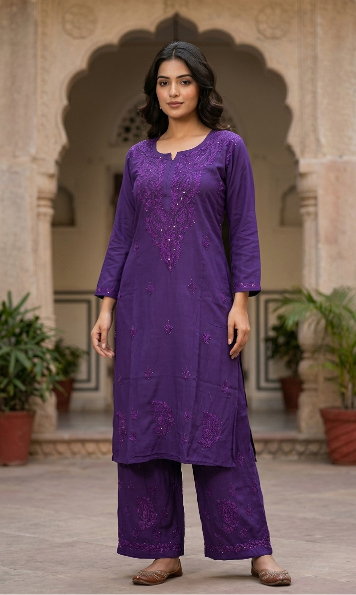Woman wearing a purple traditional outfit standing in front of an architectural background.
