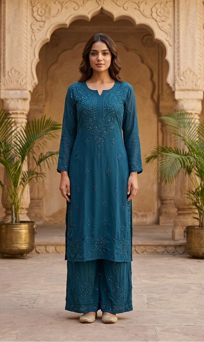 Woman in a teal traditional outfit standing in front of ornate architecture with plants.
