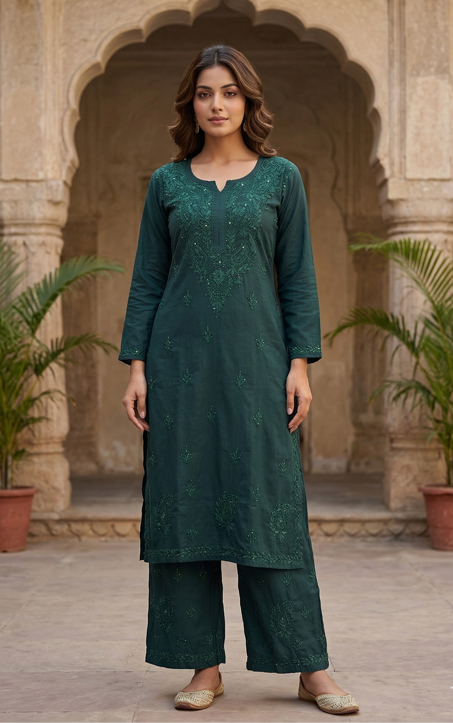 Woman wearing a green traditional outfit standing in front of an archway with plants.