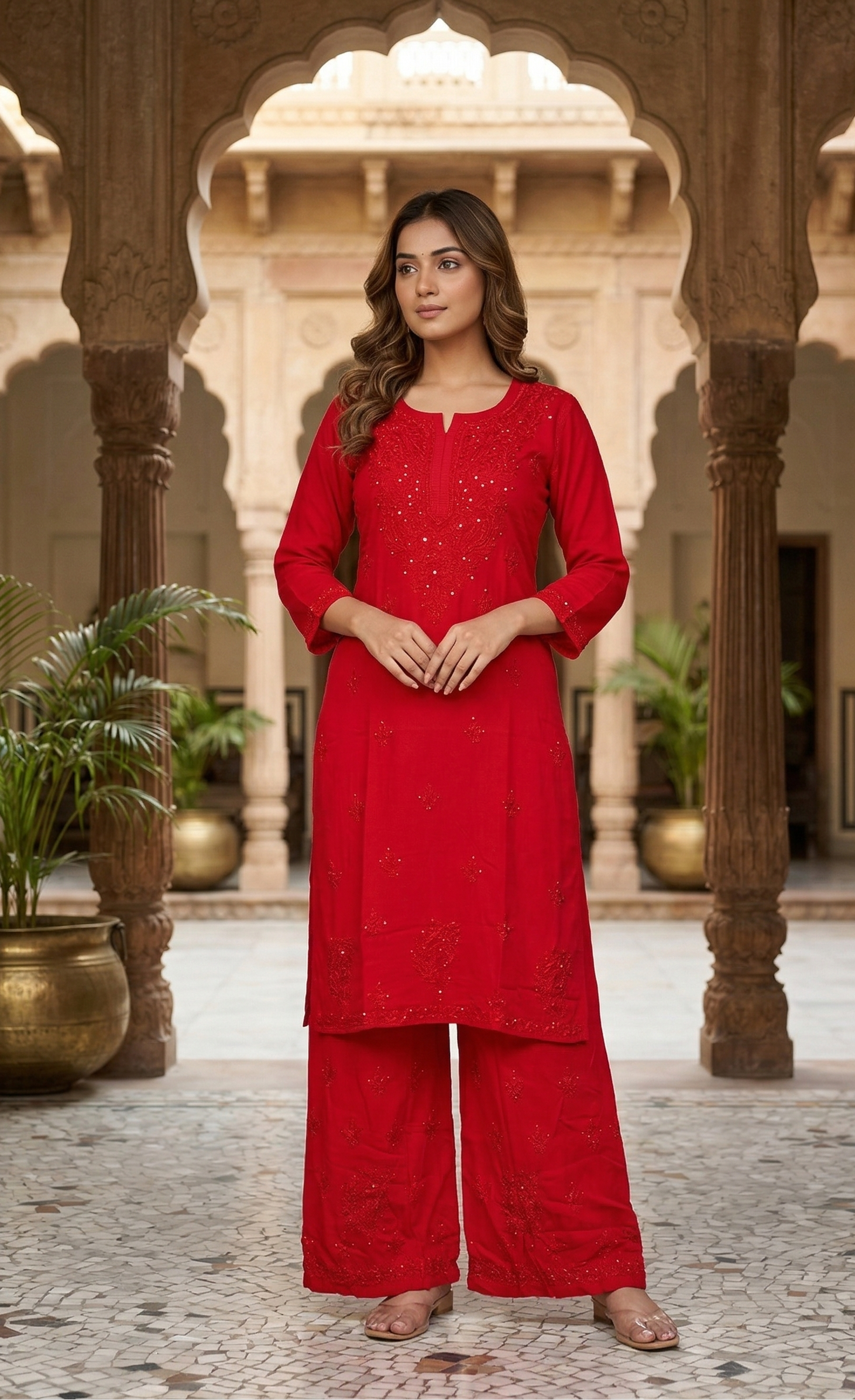 Woman in a red traditional outfit standing in an architectural courtyard.