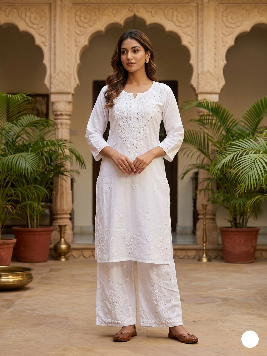 Woman in a white traditional outfit standing in an ornate indoor setting with plants.