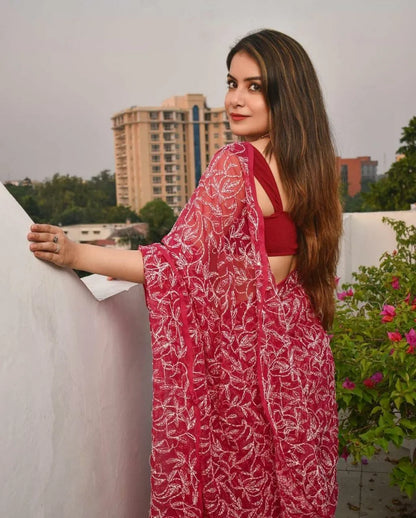 Georgette Chikankari Hand Embroidered Tepchi Saree