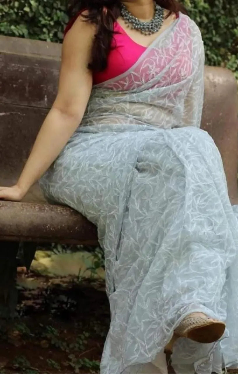 Georgette Chikankari Hand Embroidered Tepchi Saree