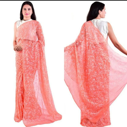 Georgette Chikankari Hand Embroidered Tepchi Saree