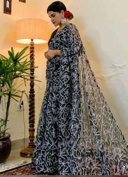 Georgette Chikankari Hand Embroidered Tepchi Saree