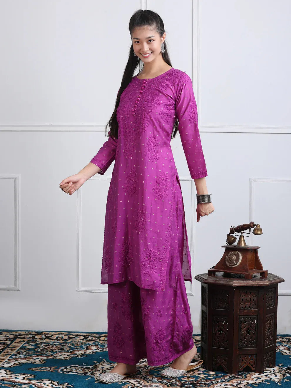 Chanderi Sild Handwork Chikankari Kurta & Plazzo Set