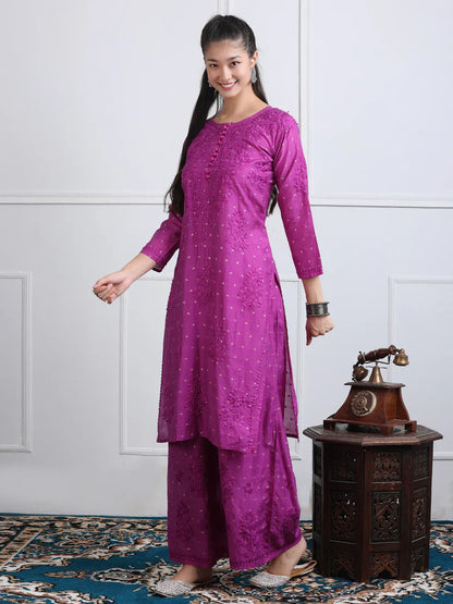 Chanderi Sild Handwork Chikankari Kurta & Plazzo Set