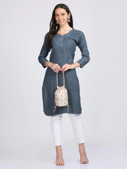 Chikankari Cotton Kurti with Crochet & Laced work