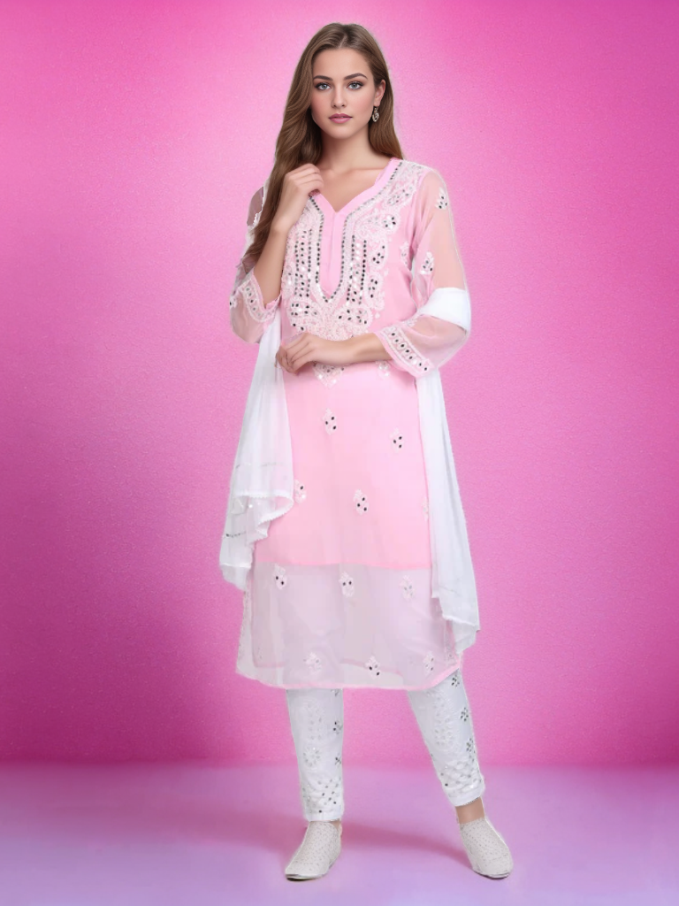 Georgette Chikankari Mirror Work 3 Piece Kurta Set