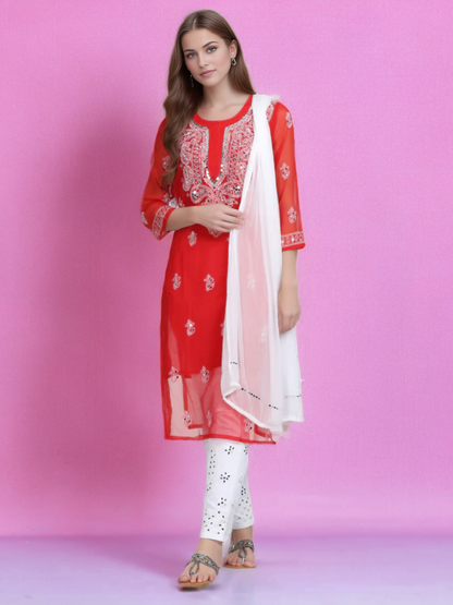 Georgette Chikankari Mirror Work Women's Kurta - Store Chikankari